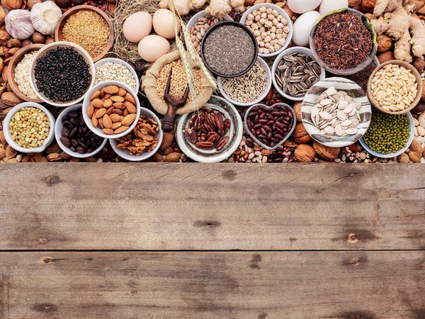 Ingredientes Para Selección Alimentos Saludables Tazón Cerámica Concepto Superalimentos Establecidos — Foto de Stock