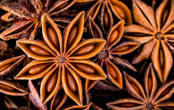 Chinesischer Sternanis Aus Nächster Nähe Hintergrund Getrocknete Sternanis Gewürzfrüchte Von — Stockfoto