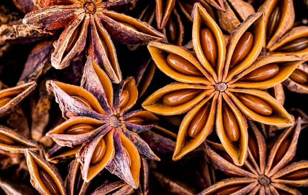 Chinesischer Sternanis Aus Nächster Nähe Hintergrund Getrocknete Sternanis Gewürzfrüchte Von — Stockfoto