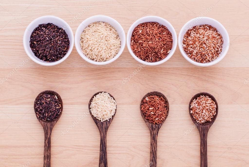 Collection of whole grain Thai jasmine rice,rice berry and brown Stock