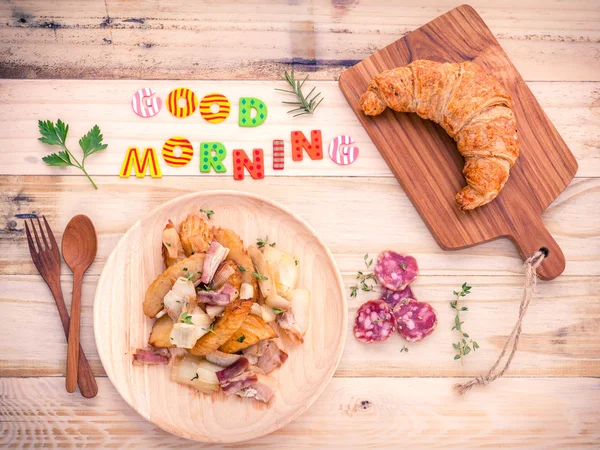 Breakfast  setup on wooden table with colourful Good Morning wor — Stock Photo, Image