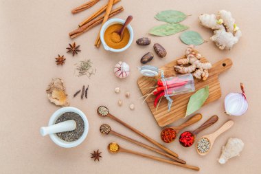 Composition of Mixed spices and herbs background cinnamon stick 