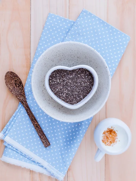 Alternative health care and dieting chia seeds in white bowl set — Stock Photo, Image