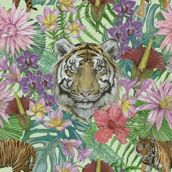 Padrão de aquarela desenhado à mão sem costura com tigres indonésios, folhas, flores — Fotografia de Stock