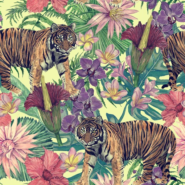 Seamless hand drawn watercolor pattern with indonesian tigers, leaves, flowers