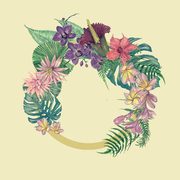 Hand drawn watercolor wreath illustration with indonesian flowers and leaves — Stockfoto