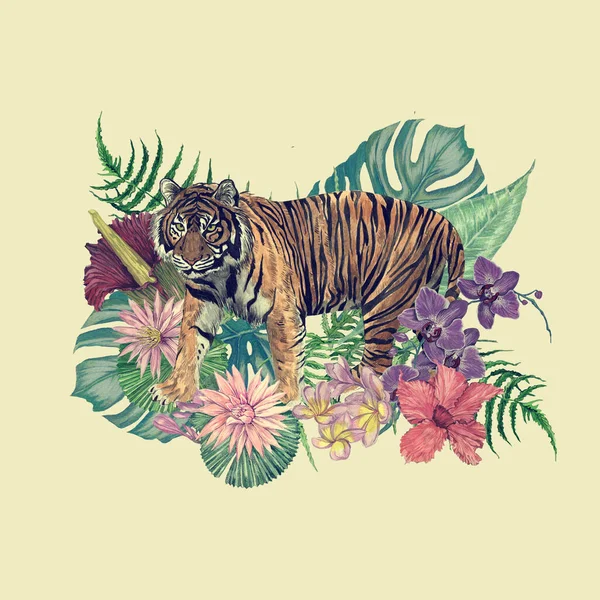 Acuarela dibujada a mano ilustración de tigre indonesio con hojas y flores — Foto de Stock