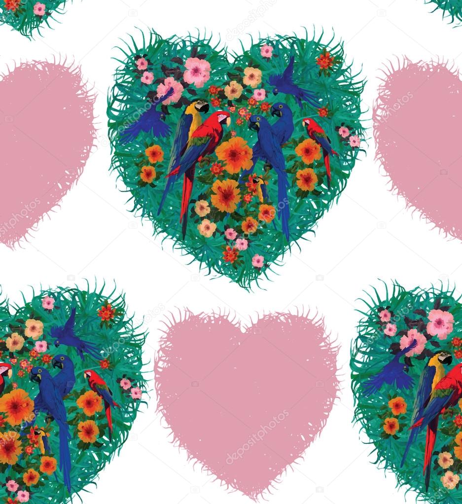 Macaw hearts seamless pattern. Hand drawn vector.