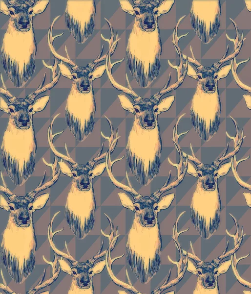 鹿の頭を持つビンテージ スタイルのシームレスなパターン。手描きの背景. — ストックベクタ