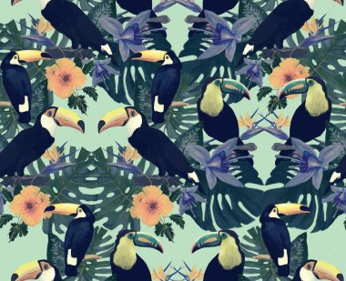 Seamless vintage style pattern with toucans. Hand drawn vector.
