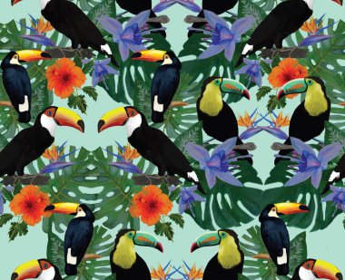 Seamless pattern with toucans. Hand drawn vector.