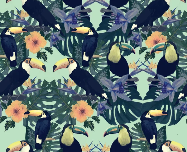 Seamless vintage style pattern with toucans. Hand drawn vector. — ストックベクタ