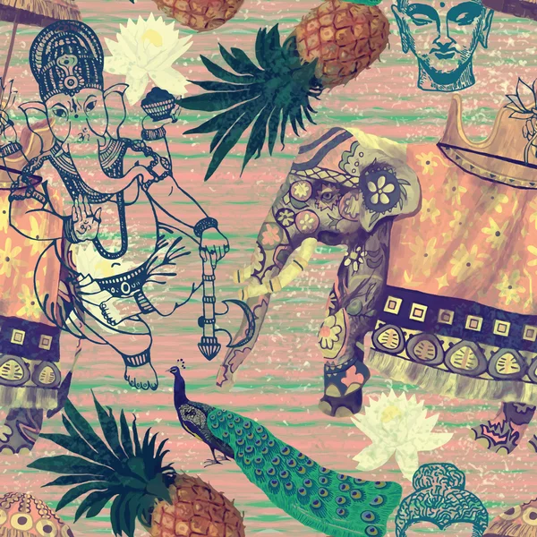 Patrón sin sentido en estilo vintage con flores de elefantes indios, piñas, bocetos de cabeza de buda y elefante. Vector dibujado a mano . — Vector de stock