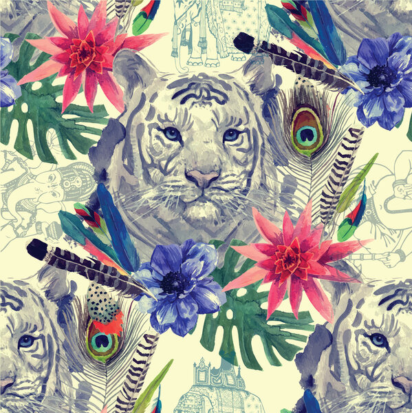 Винтажный индийский стиль головы тигра узор с перьями, цветами и листьями. Вектор акварели
.
