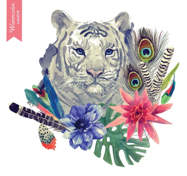 Illustrazione di testa di tigre in stile indiano vintage con piume, fiori e foglie. Vettore disegnato a mano ad acquerello . — Vettoriale Stock