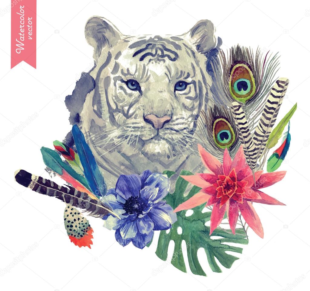 Vintage indian style tiger head illustration with feathers, flowers and leaves. Watercolor hand drawn vector.