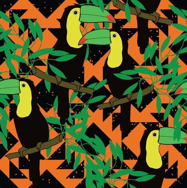 Seamless pattern with toucans and ethnic ornament. Vector. — Stock Vector