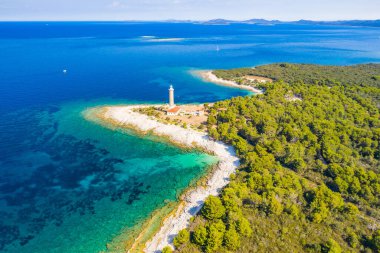 Drone aerial view of lighthouse tower of Veli Rat on the island of Dugi Otok, Croatia