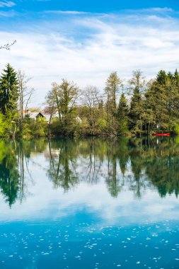 Hırvatistan 'daki Mreznica Nehri kıyıları, sudaki ağaçlar ve turizm beldesi