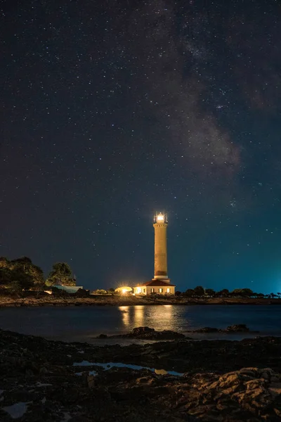 Leuchtturm Veli Rat Auf Der Insel Dugi Otok Kroatien Sternenhimmel — Stockfoto