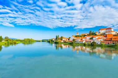  Slovenya 'nın Ptuj kenti ve Drava Nehri' nin panoramik manzarası 