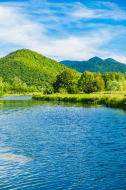 Hırvatistan 'ın Lika bölgesindeki yeşil çayırlar arasında akan güzel Gacka nehri 