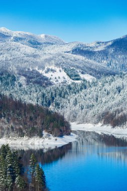 Gorski kotar Hırvatistan 'daki Lokvarsko gölü ve Risnjak dağı, ağaçlardaki don ve kış manzarası