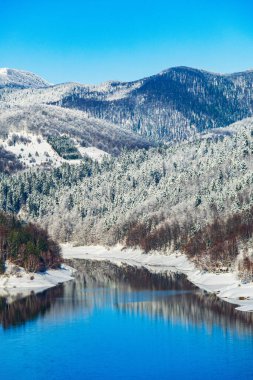 Gorski kotar Hırvatistan 'daki Lokvarsko gölü ve Risnjak dağı, ağaçlardaki don ve kış manzarası