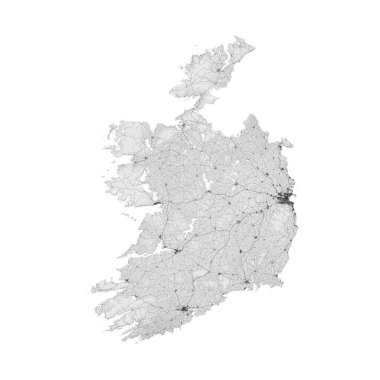 İrlanda haritası. İrlanda yol haritası. Ülkedeki tüm yolları (otobanlardan taşra yollarına ve demiryollarına kadar) içerir. Açık gri tonlu dekoratif grafikler.