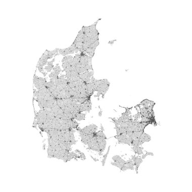 Danimarka haritası. Danimarka yol haritası. Ülkedeki tüm yolları (otobanlardan taşra yollarına ve demiryollarına kadar) içerir. Açık gri tonlu dekoratif grafikler.