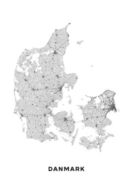 Danimarka harita posteri (portre). Danimarka yol haritası. Ülkedeki tüm yolları (otobanlardan taşra yollarına ve demiryollarına kadar) içerir. Açık gri tonlu yazdırılabilir grafikler.