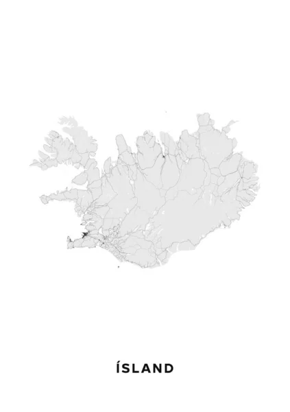 İzlanda harita posteri (portre). İzlanda yol haritası. Belgede ülkenin bütün yolları (otobanlardan taşra yollarına ve demiryollarına kadar) doğru şekilde gruplandırılmıştır. Açık gri tonlu yazdırılabilir grafikler.