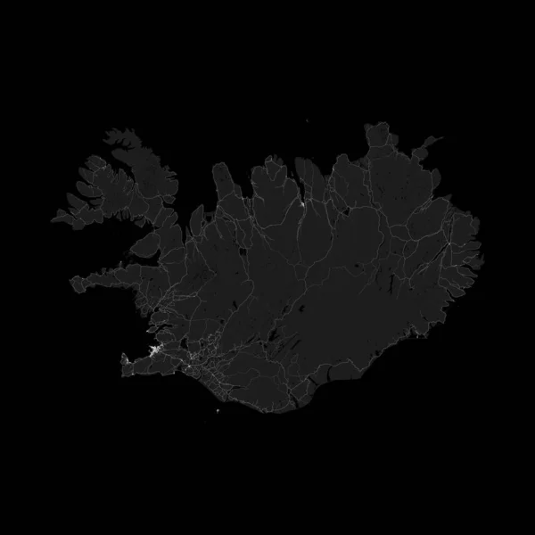 アイスランドの地図 アイスランドの道路地図 国内のすべての道路 高速道路から国内の道路や鉄道 を適切にグループ化している 暗いグレースケールの装飾グラフィック — ストックベクタ