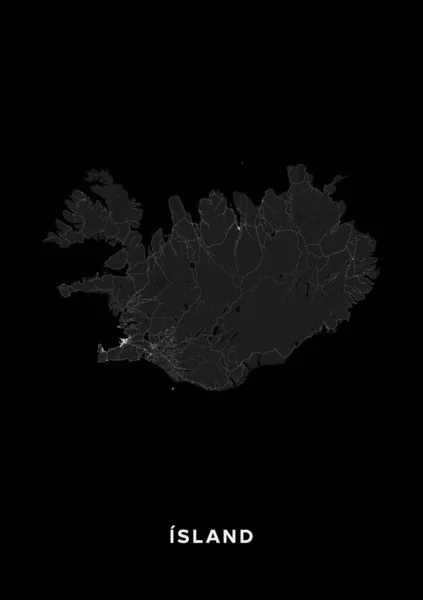 İzlanda harita posteri (portre). İzlanda yol haritası. Belgede ülkenin bütün yolları (otobanlardan taşra yollarına ve demiryollarına kadar) doğru şekilde gruplandırılmıştır. Koyu gri tonlu yazdırılabilir grafikler.