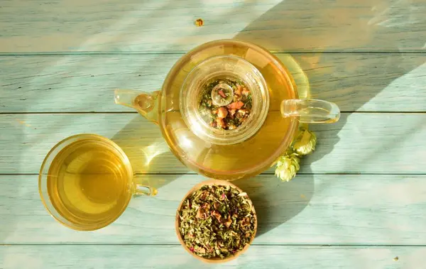 Herbal Tea Glass Teapot Mug Wooden Table — Stock Photo, Image