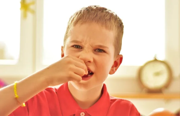 赤いシャツの少年がベリーを食べる — ストック写真