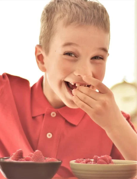 Menino Camisa Vermelha Comendo Bagas — Fotografia de Stock