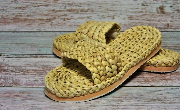 Braided Straw Bath Slippers Wood Blue Background — Stock Photo, Image