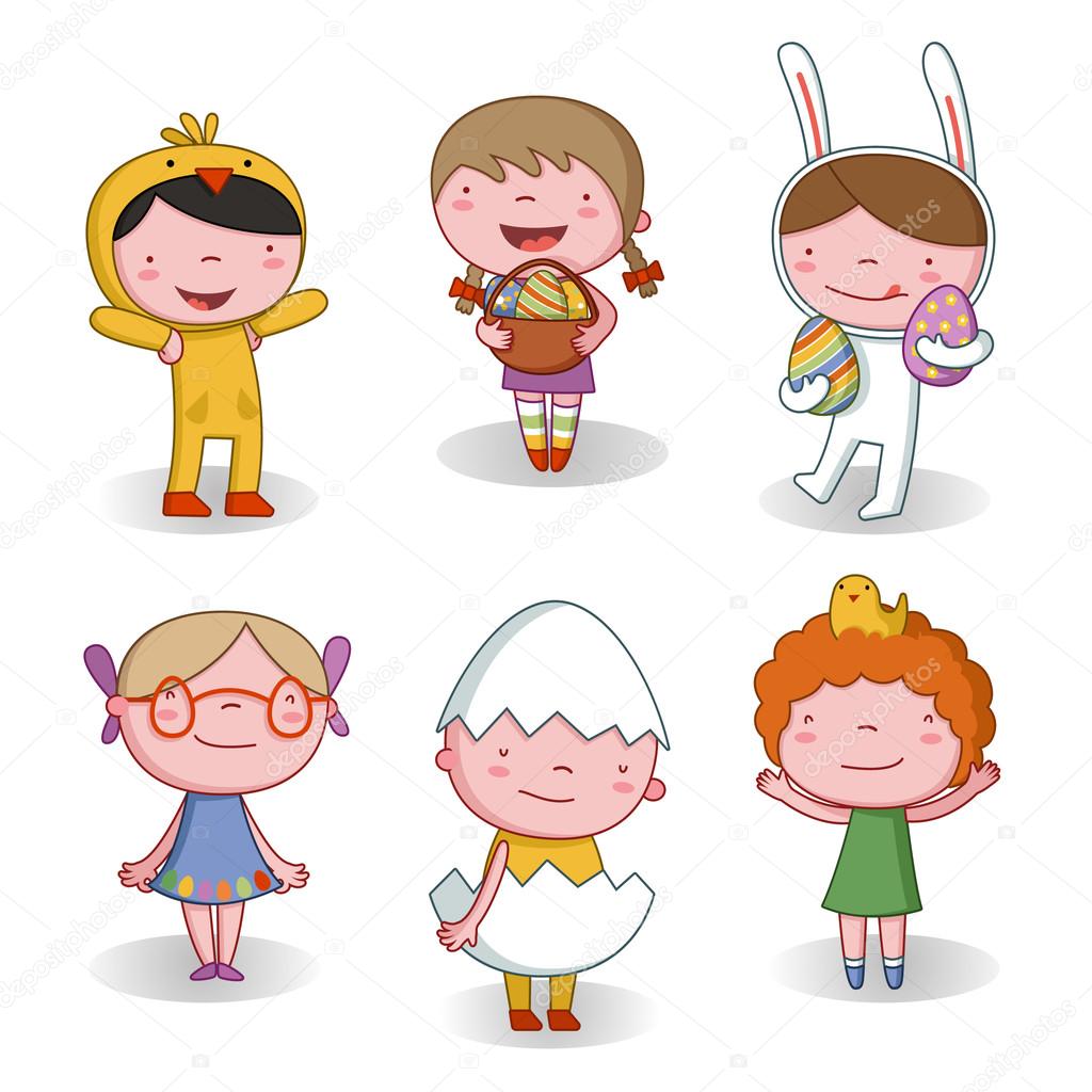 Cute kids in carnival costumes for Easter.