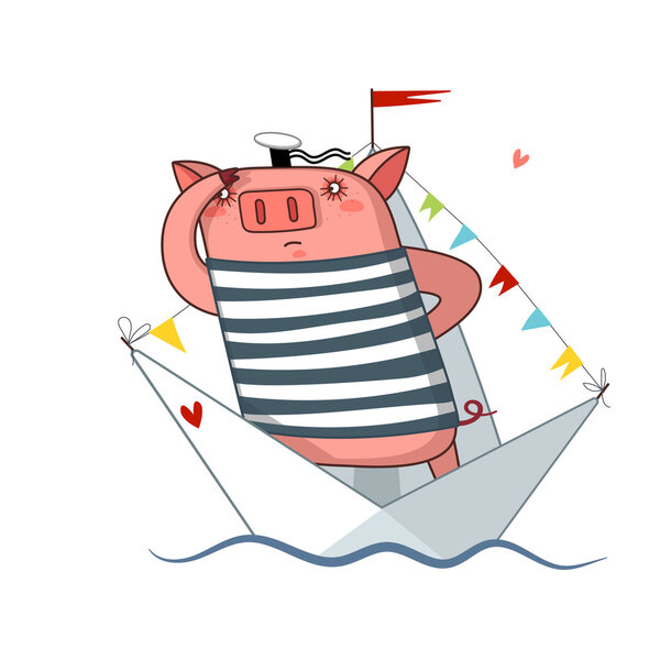 cute pig sailor. vector illustration and drawing