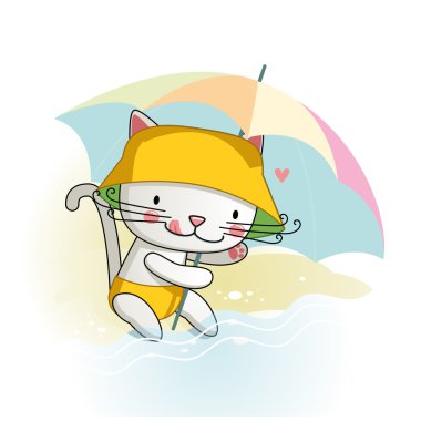 Cute şemsiye ile küçük kedi çizgi film.