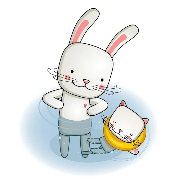 Coniglio e gattino divertirsi insieme giocando con i giocattoli a lezione di nuoto del bambino — Vettoriale Stock