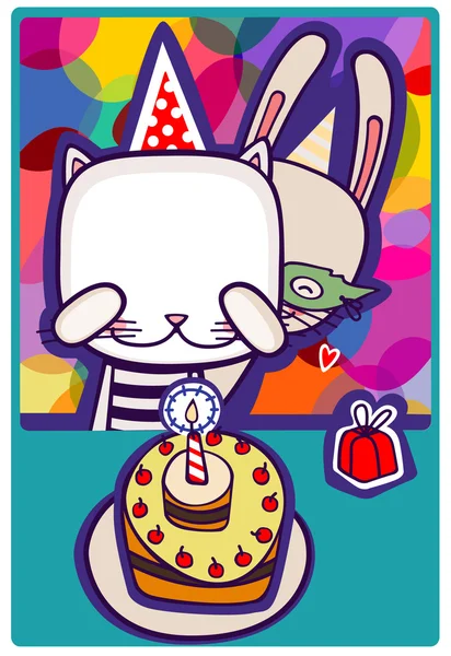 Liebre hace una sorpresa para el gato en su cumpleaños . — Vector de stock