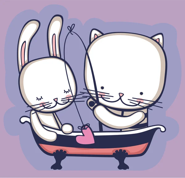 Gatto e lepre si siedono in bagno e pesce . — Vettoriale Stock
