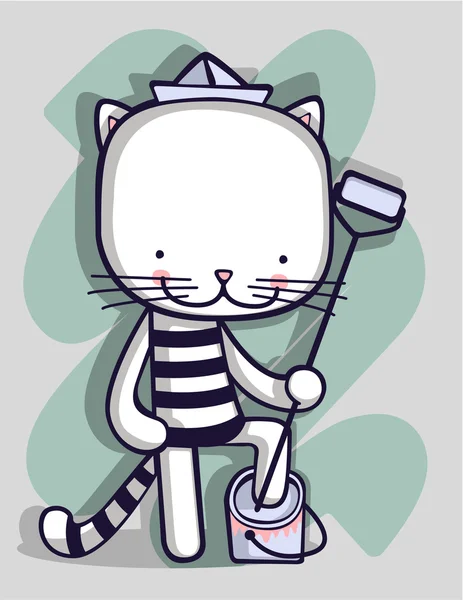 Decorador de gatos está pintando la pared en verde . — Vector de stock