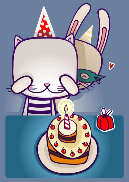 Liebre hace una sorpresa para el gato en su cumpleaños . — Vector de stock