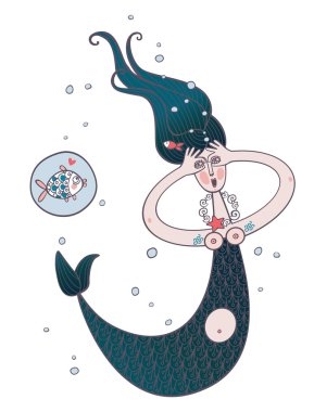 Sevimli deniz kızı mercan içinde. parlak çizgi film arka planda vektör