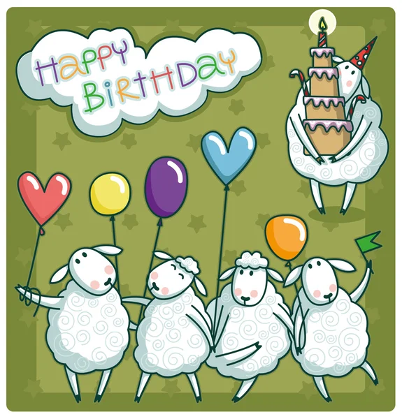 Feliz tarjeta de cumpleaños. Conjunto vectorial de dibujos animados con ovejas . — Vector de stock