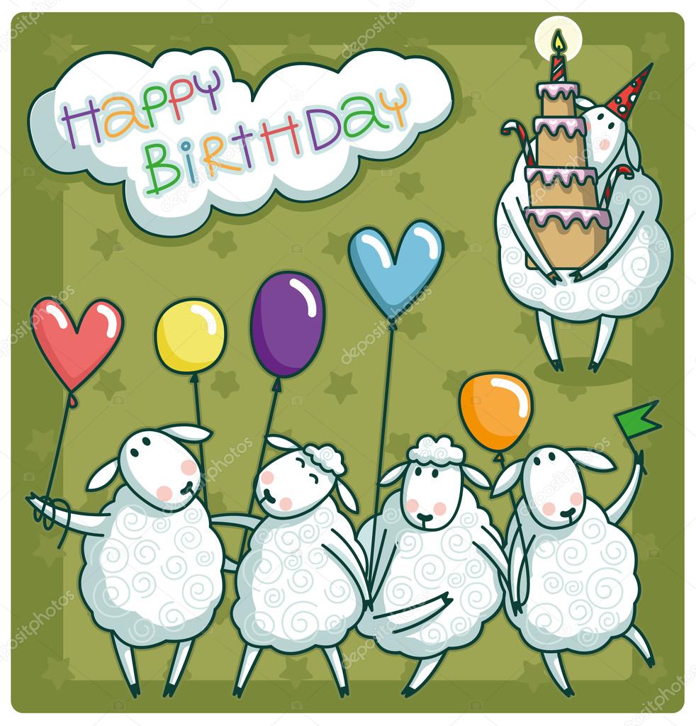 Happy Birthday card. Vector set of cartoon with sheeps.