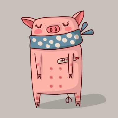 Hasta domuz bir eşarp ve bir termometre ile.